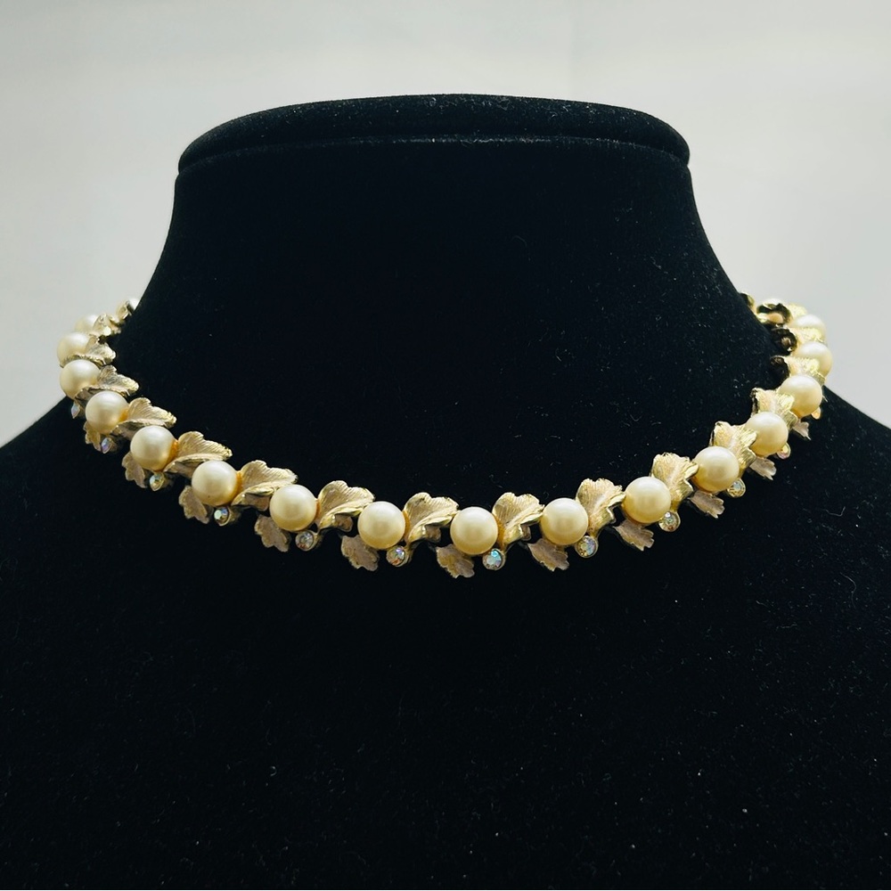 BSK, Vintage Gold, Pearl, AB Crystal Short Necklace, 16”, BSK Jewelry 1948-1980